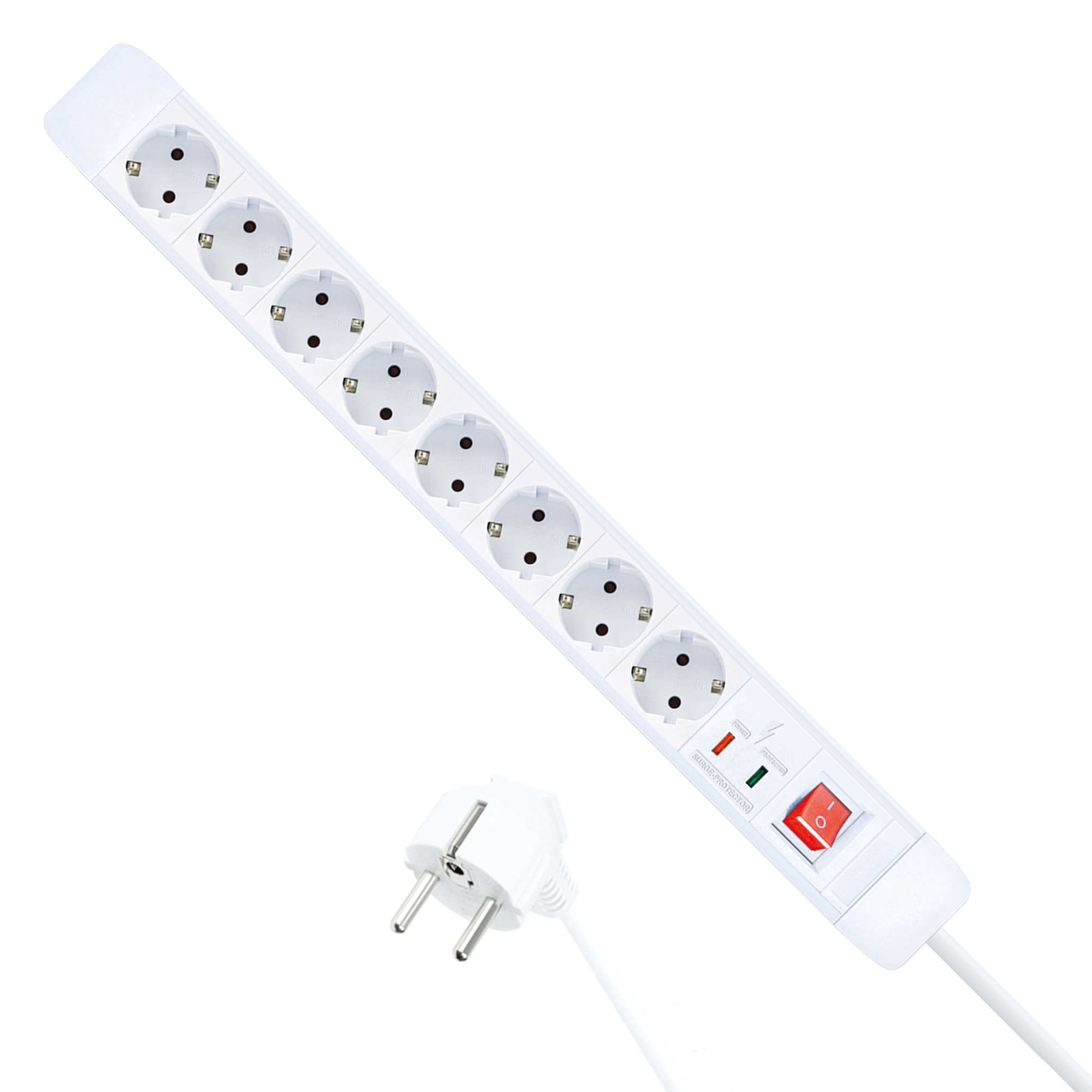Eine weiße Steckdosenleiste mit mehreren Steckdosen und einem roten Ein/Aus-Schalter, mit Stecker.