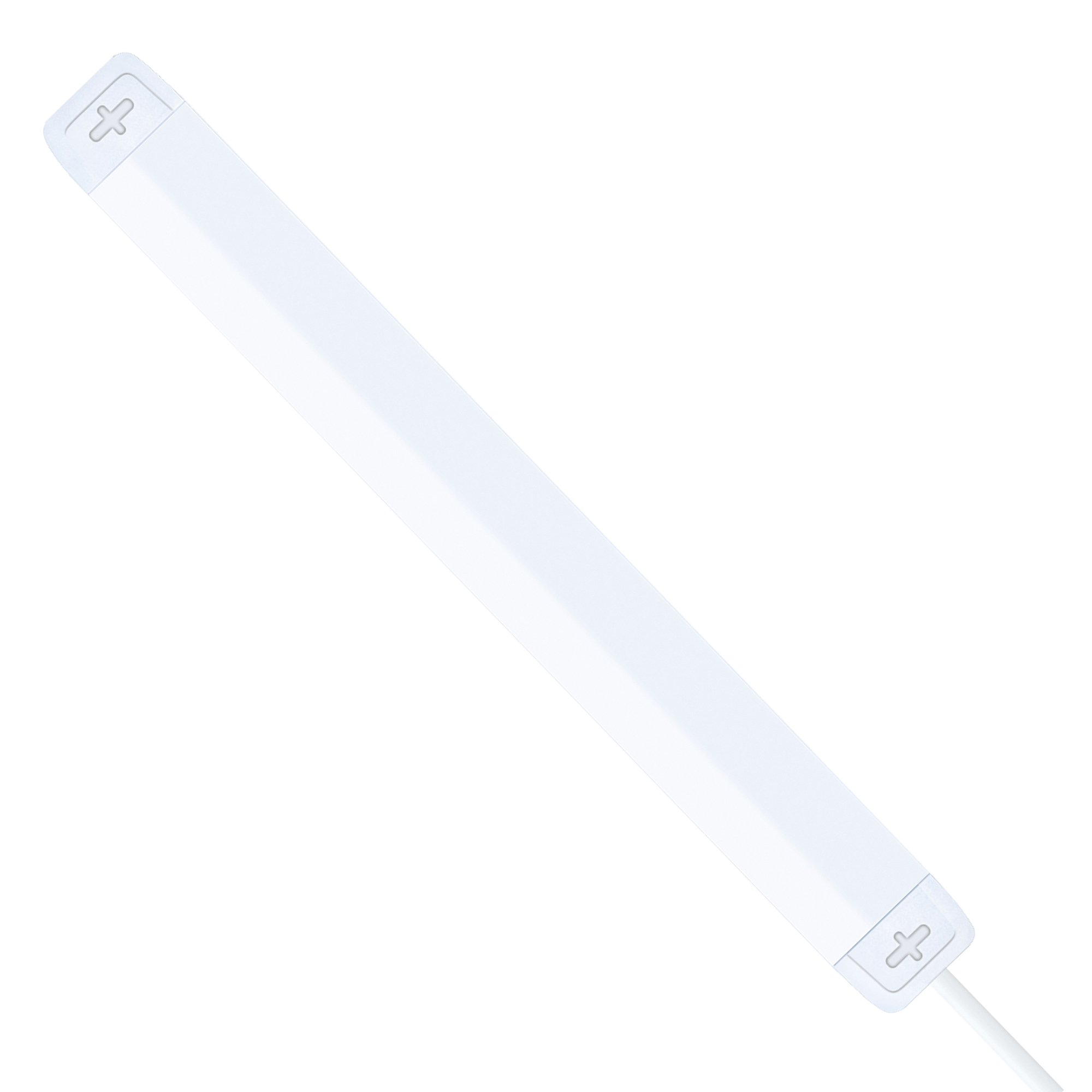 Eine weiße LED-Lichtleiste, abgewinkelt, auf weißem Hintergrund.