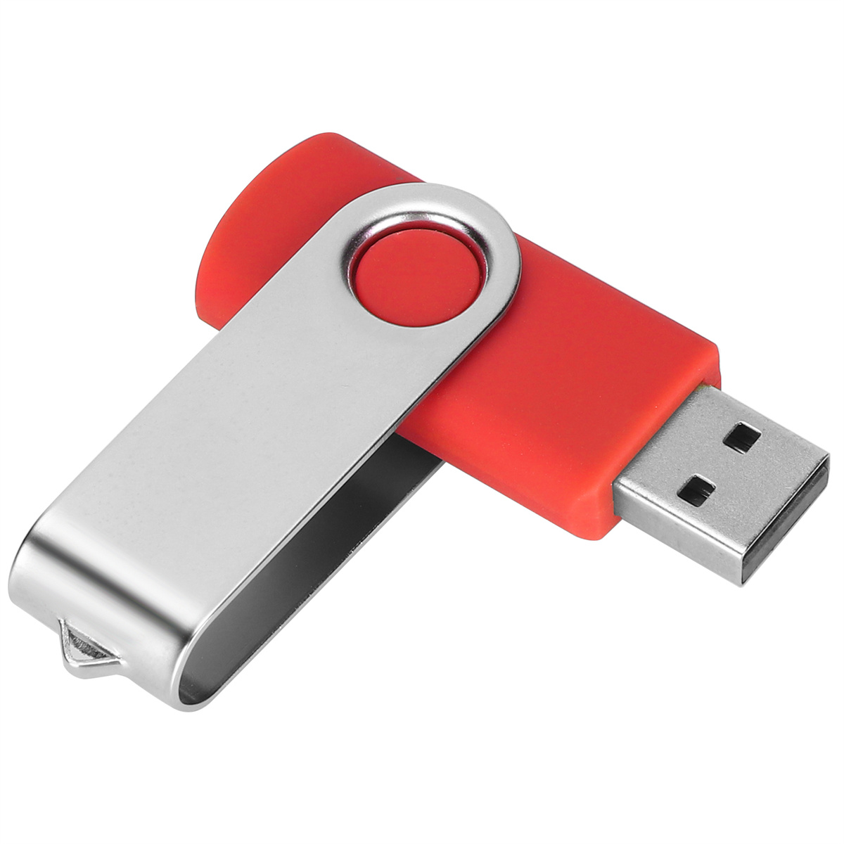 Roter und silberner USB-Stick. Der Metallteil schwenkt zum Schutz des USB-Anschlusses.