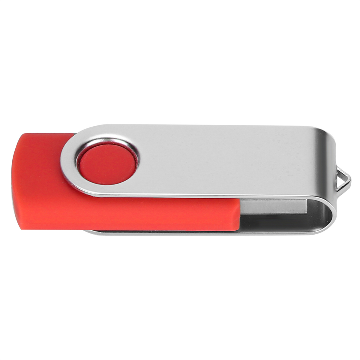 Ein roter und silberner USB-Stick. Die rote Seite ist abgerundet, der silberne Teil rechteckig. Weißer Hintergrund.