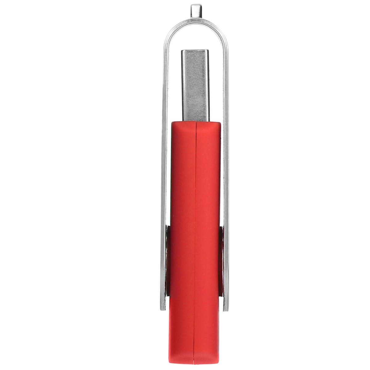 Roter USB-Stick mit Metallschlaufe oben. Der Stick ist vertikal.