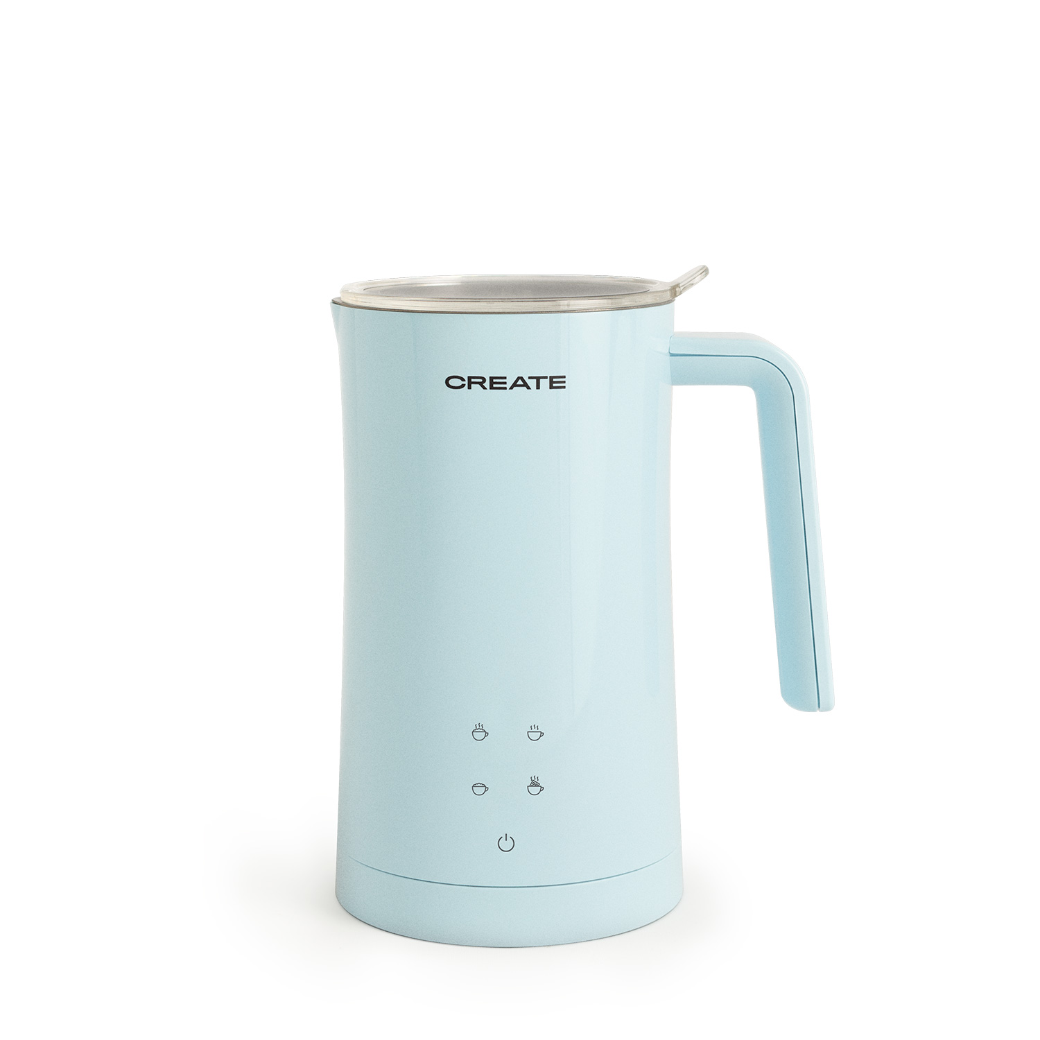 Espumador de leche azul claro con asa y tapa, con iconos, sobre una superficie blanca.