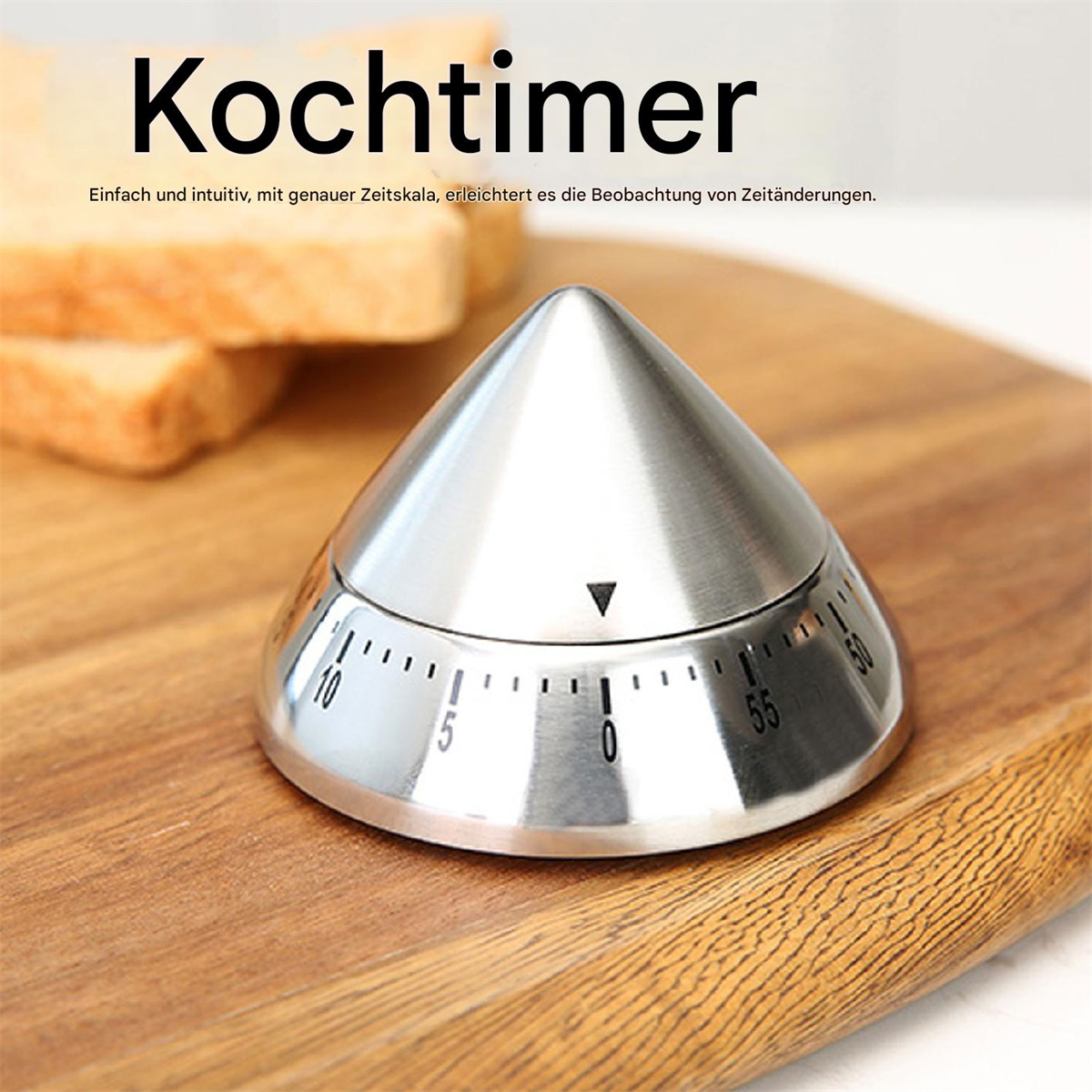 Ein Küchenwecker aus Metall mit konischer Form auf einem Holzbrett.