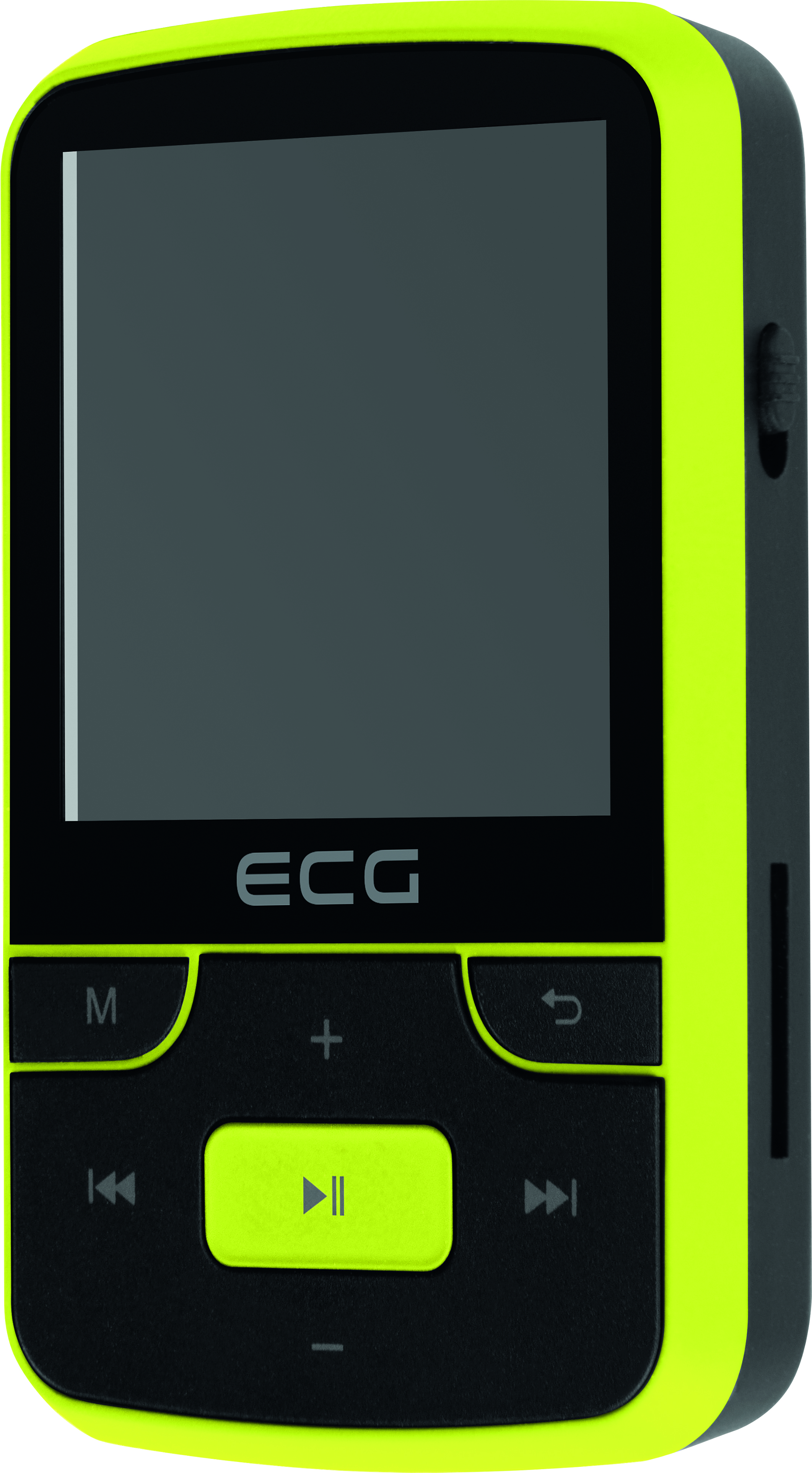 Ein gelb-schwarzer MP3-Player mit Bildschirm und Tasten. Die Marke ECG ist auf dem Gerät aufgedruckt.