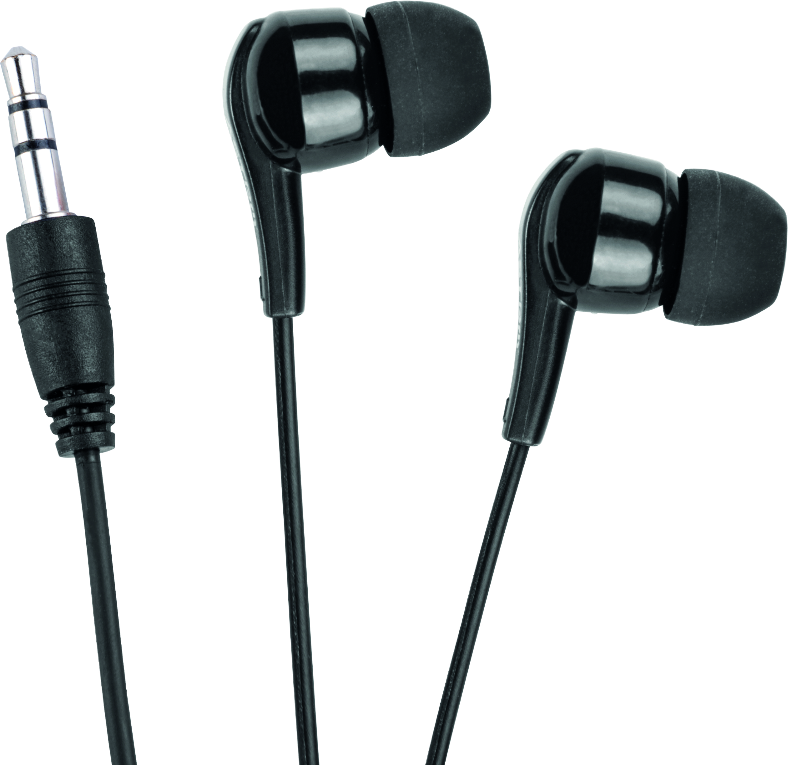 Schwarze Ohrhörer mit schwarzem Stecker und schwarzen Kabeln auf weißem Hintergrund. Insgesamt drei Teile.