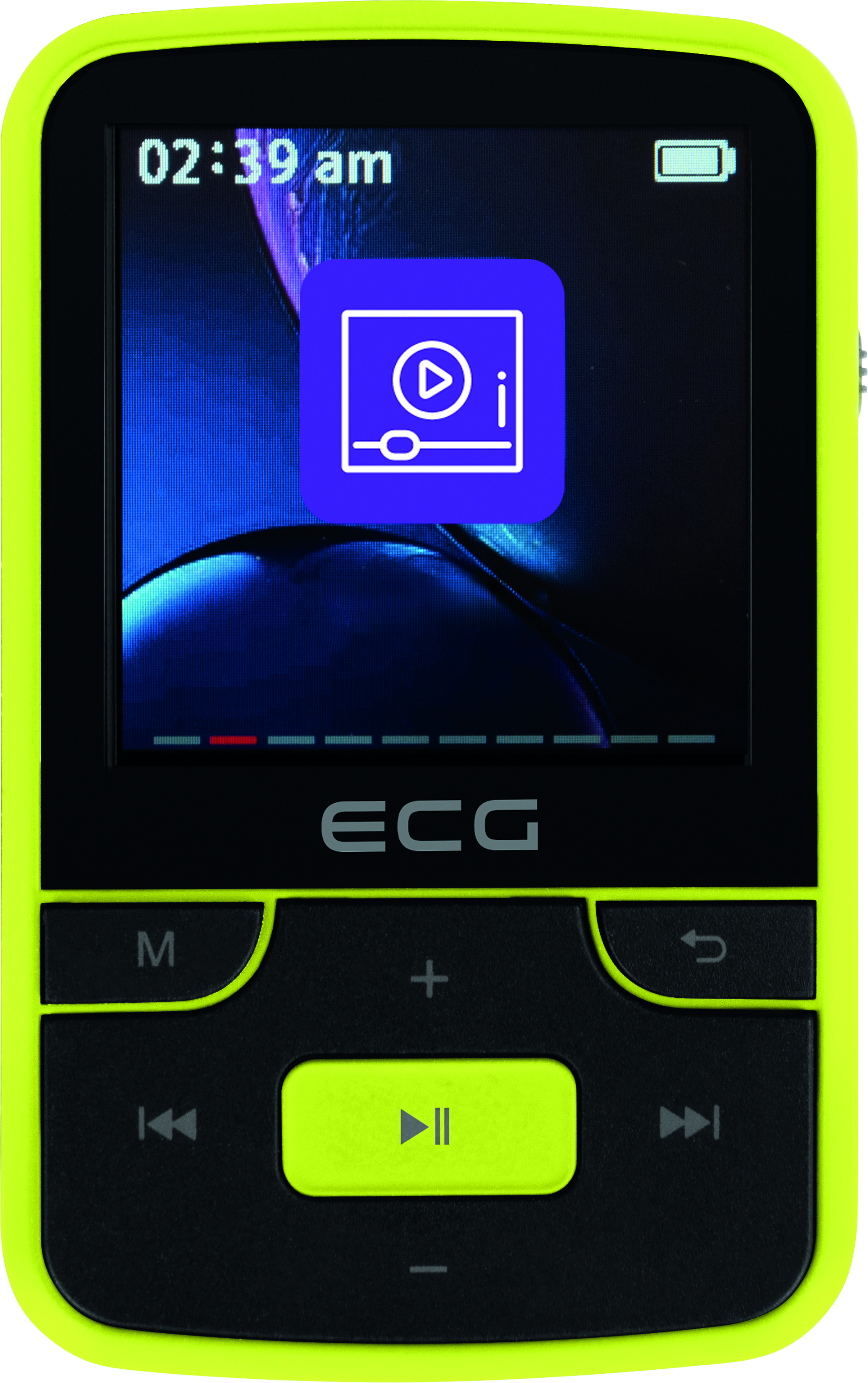 Ein digitaler Musik-Player mit gelbem Rahmen. Der Bildschirm zeigt ein Wiedergabesymbol.