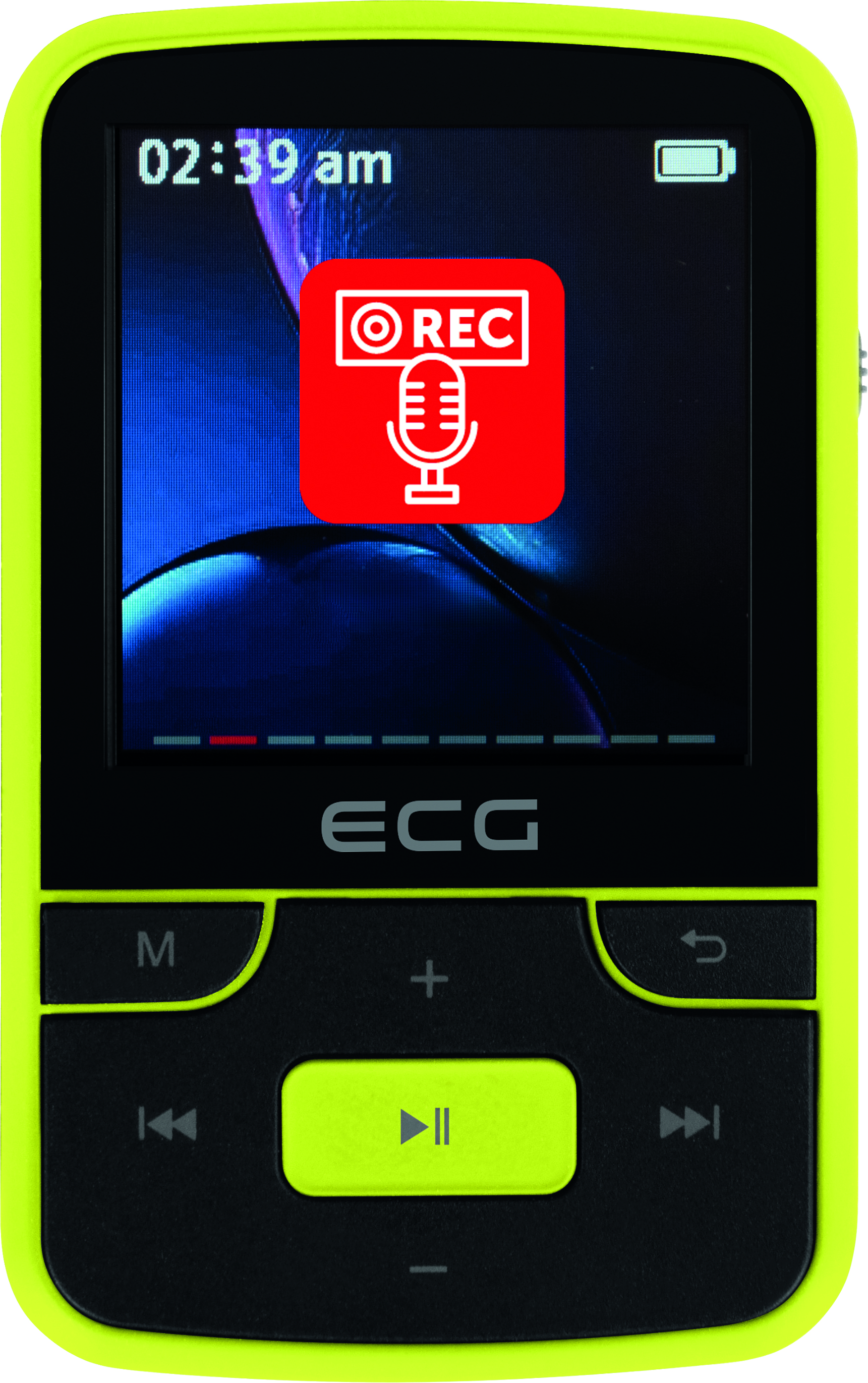 Gelb-schwarzer MP3-Player mit Bildschirm, der ein rotes REC-Symbol zeigt.