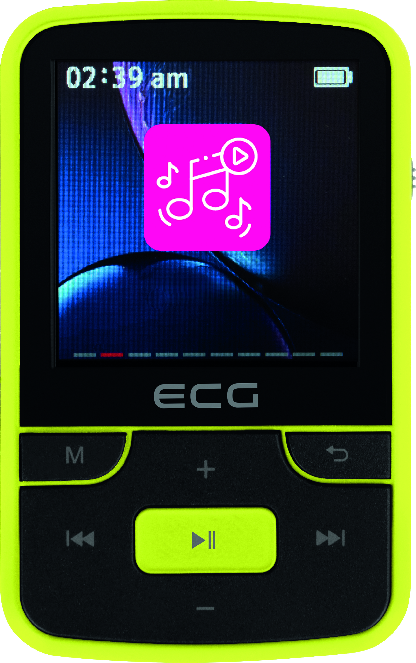 Ein gelb-schwarzer Musikplayer mit einem Bildschirm, der ein pinkfarbenes Musiksymbol anzeigt.