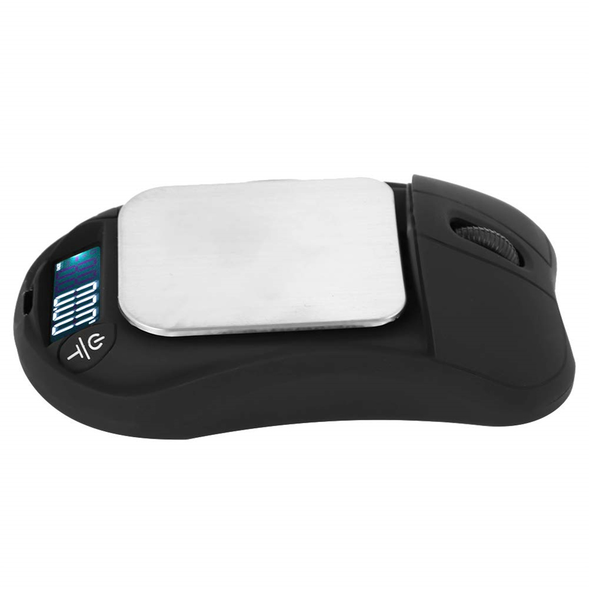Eine schwarze Digitalwaage mit Edelstahlplatte. Der Bildschirm zeigt Zahlen. Weißer Hintergrund.