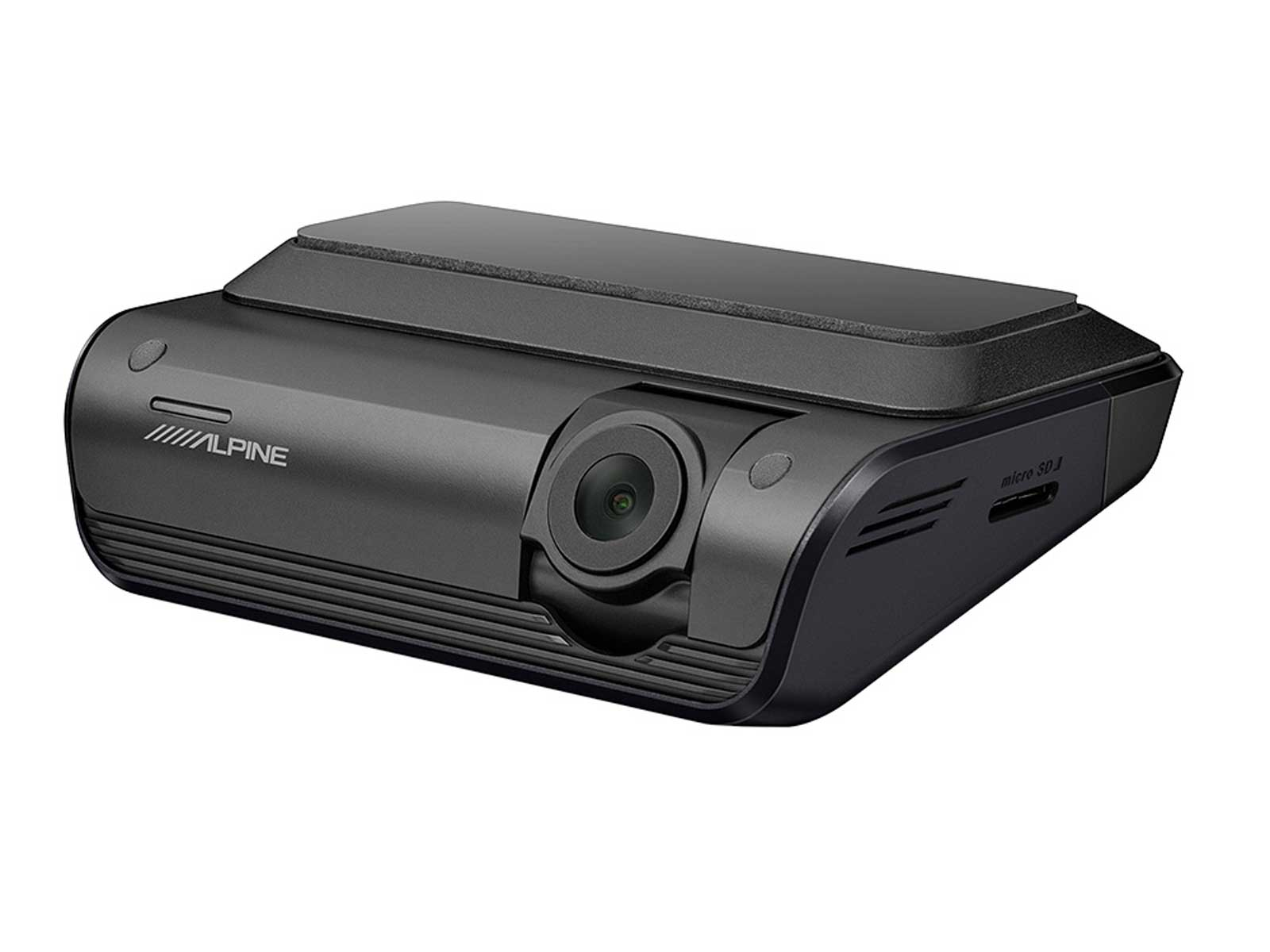 Schwarze Alpine Dashcam. Mit Objektiv, Bildschirm und Micro-SD-Steckplatz.