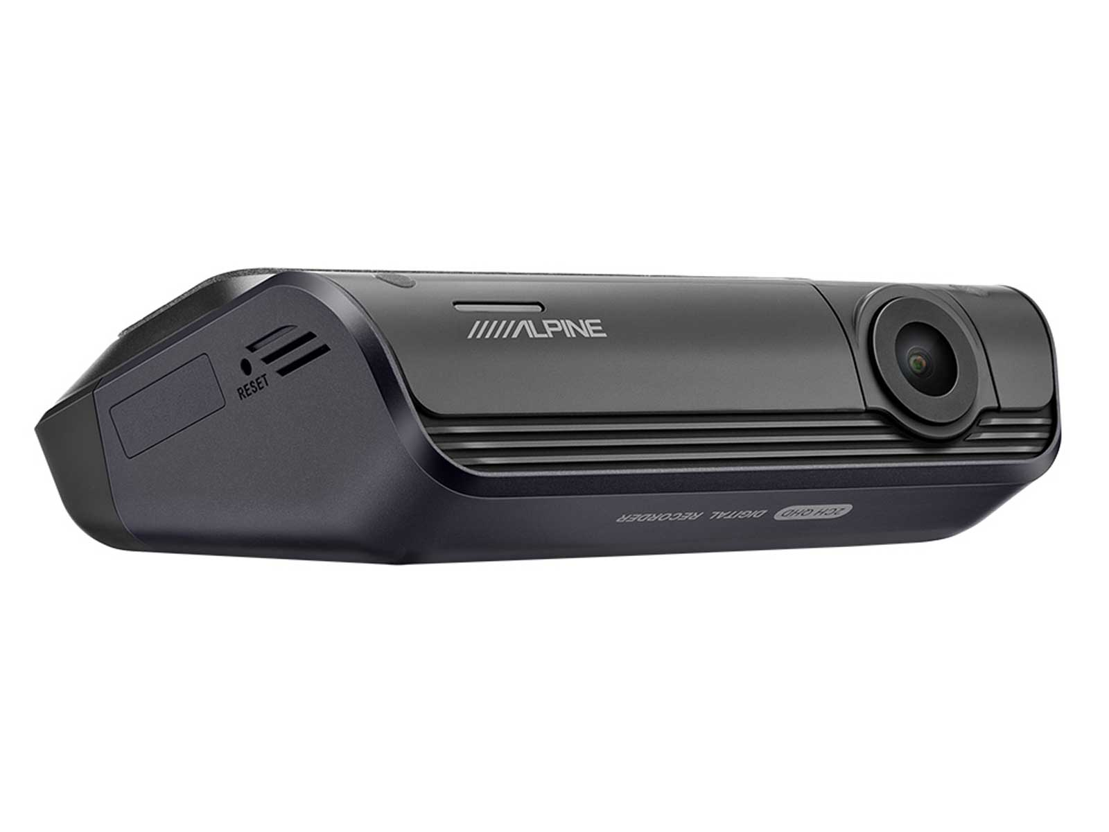 Schwarze Auto-Dashcam mit 'ALPINE'-Logo, Kameraobjektiv und 'RESET'-Taste.