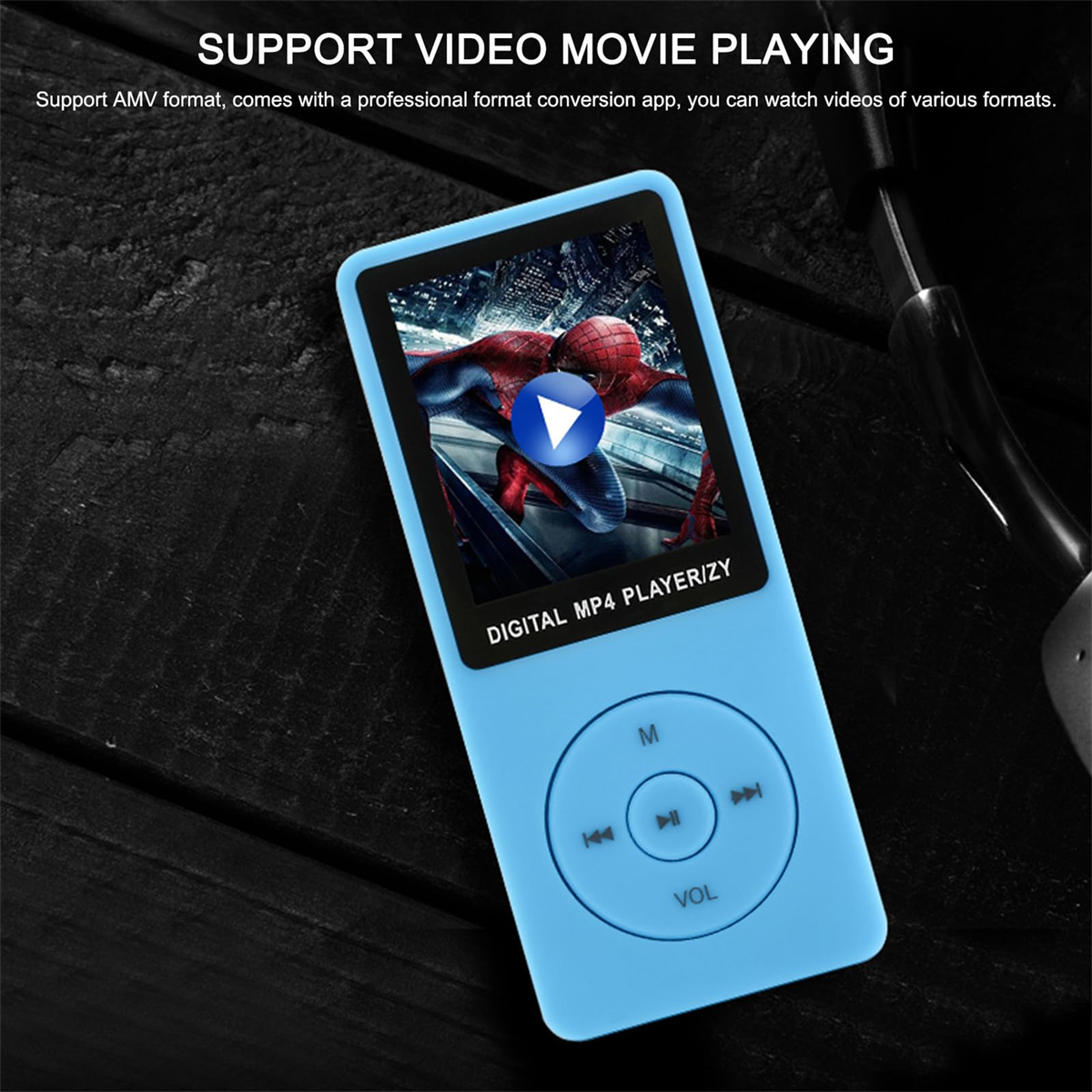 Blauer MP4-Player mit einem Spider-Man-Video, mit Steuertasten.
