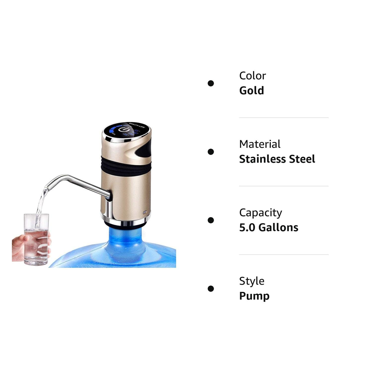 Goldpumpe mit Wasser, das in ein Glas gegossen wird, mit Text, der Farbe, Material und Kapazität beschreibt.