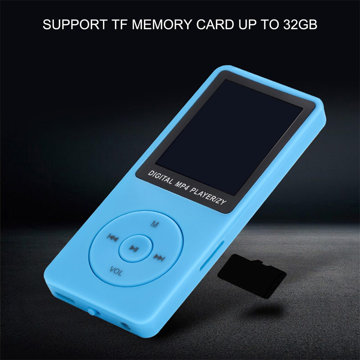 Blauer MP4-Player mit Bildschirm und Knöpfen und einer Speicherkarte, auf dunkler Oberfläche.