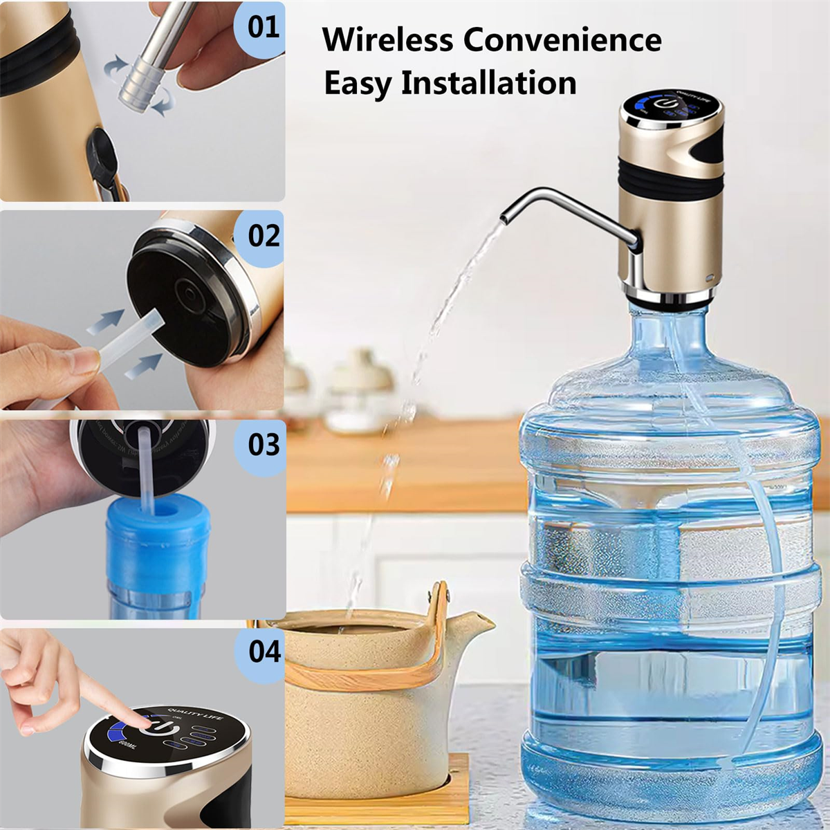 Ein Wasserspender. Vier Schritte zeigen die Montage: Schlauch hinzufügen, Pumpe einsetzen, Deckel hinzufügen und Knopf drücken.