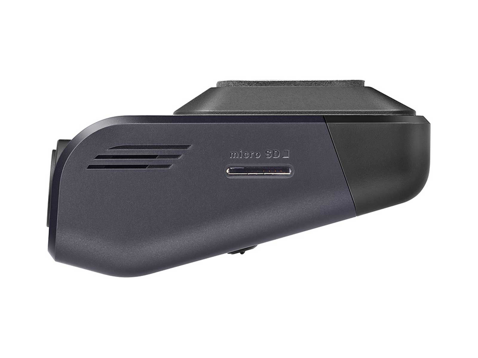 Eine schwarze Dashcam mit Micro-SD-Steckplatz. Es ist ein kleines schwarzes Gerät.