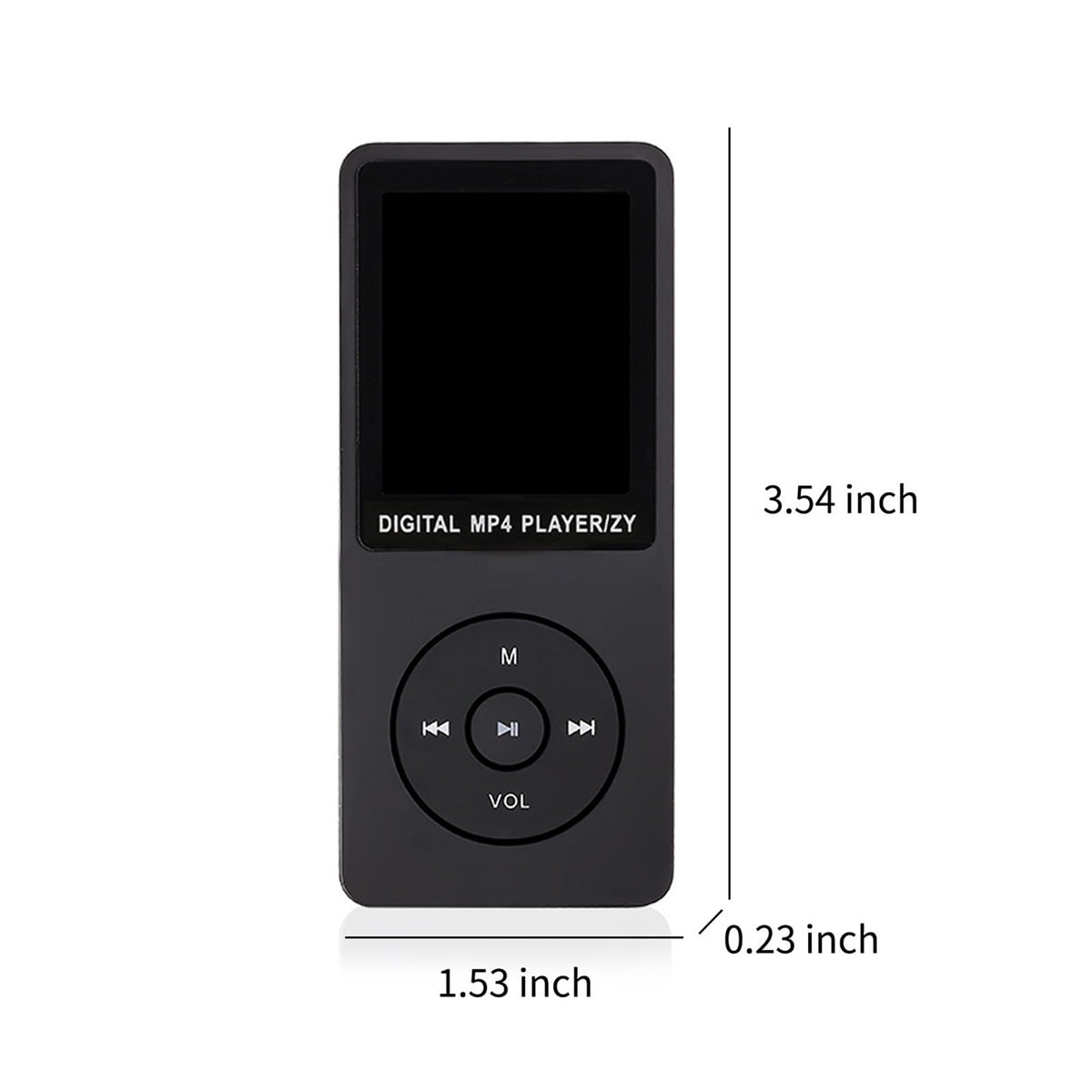 Ein schwarzer MP4-Player mit Bildschirm und Knöpfen. Der Bildschirm zeigt kein Bild.