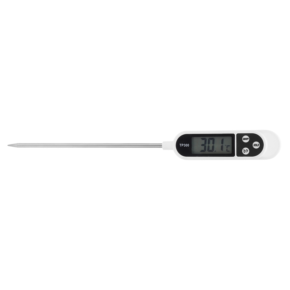 Weißes digitales Thermometer mit langer Metallsonde. Anzeige zeigt 30,1. Weißer Hintergrund.