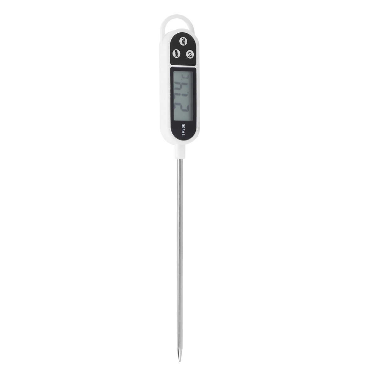 Ein digitales Lebensmittels-Thermometer zeigt Temperatur. Das Thermometer hat ein weißes Gehäuse.