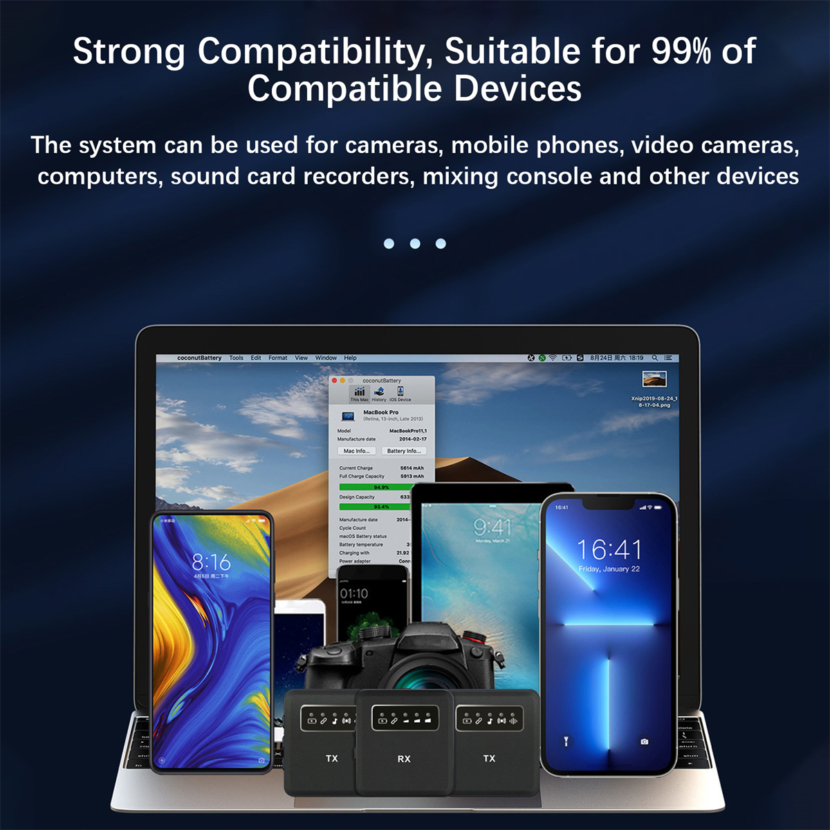 Ein Laptop mit Telefonen, Kameras und Geräten. Text: Starke Kompatibilität, geeignet für 99 % der kompatiblen Geräte.