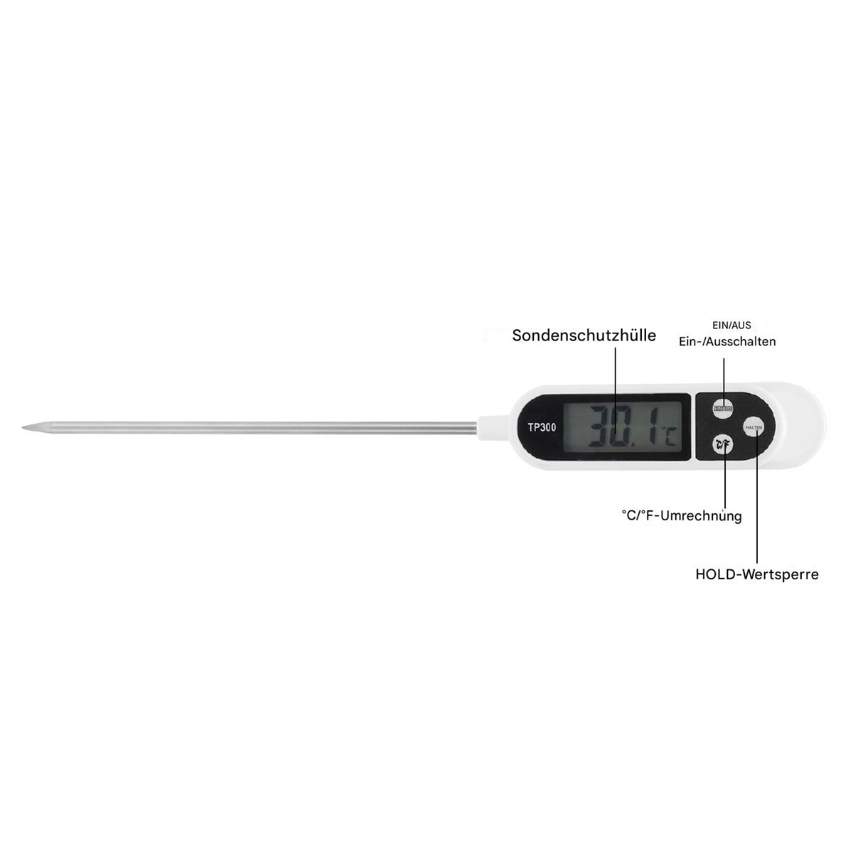 Ein digitales Lebensmittelfieberthermometer mit Sonde und beschrifteten Abschnitten.