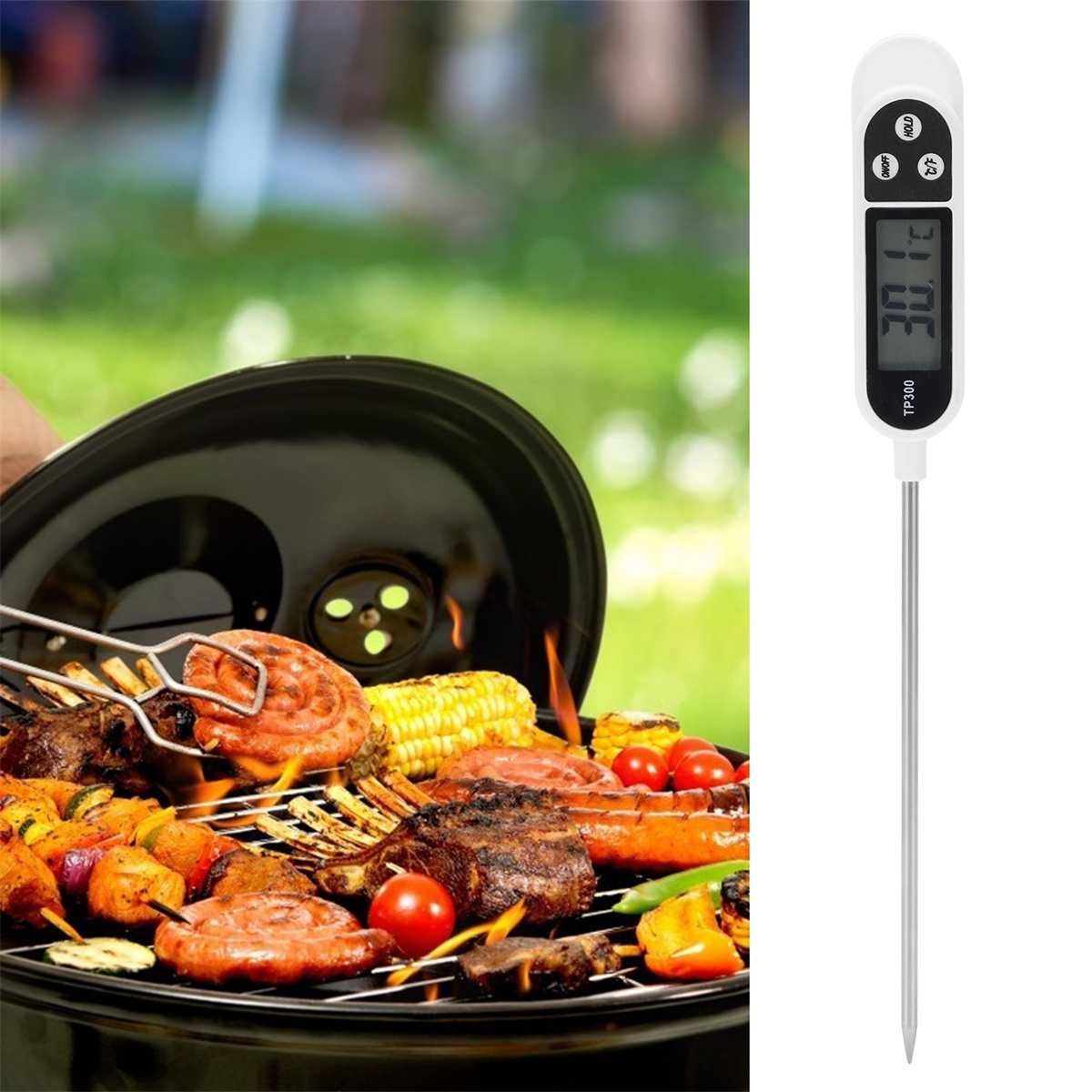 Ein Grill mit Essen und einem Thermometer. Das Thermometer zeigt 30,1 Grad an.