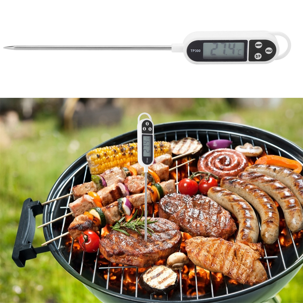Grillthermometer in Lebensmitteln. Grill mit verschiedenen gegarten Fleischsorten und Gemüse.
