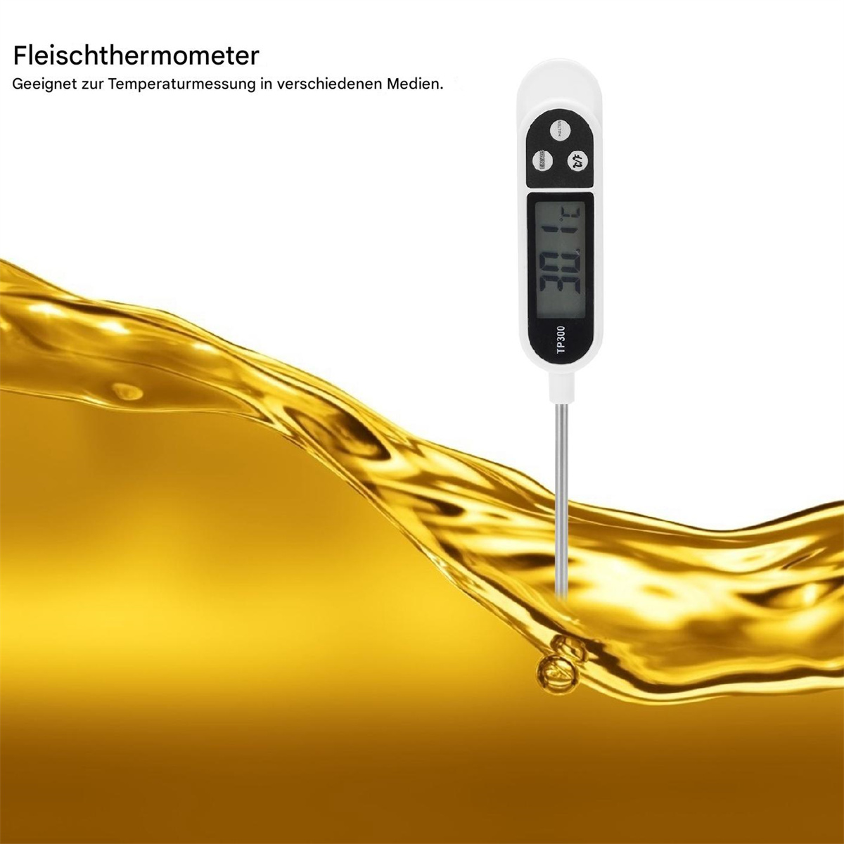 Ein digitales Lebensmitteltemperaturmesser in Öl. Die Anzeige zeigt 37,0 °C.
