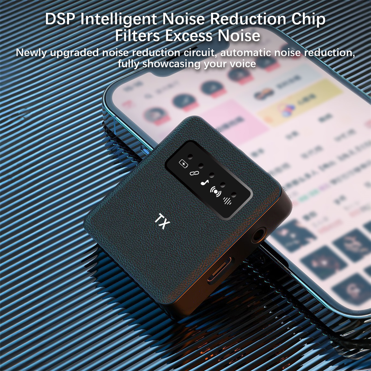 Schwarzer Audioempfänger mit einem Telefon. Text: DSP Intelligent Noise Reduction Chip. Filtert überschüssiges Rauschen.