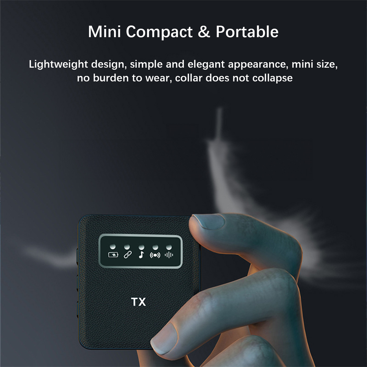 Hand hält ein kleines schwarzes Gerät mit Display. Text: Mini Compact & Portable. Das Gerät hat Knöpfe.