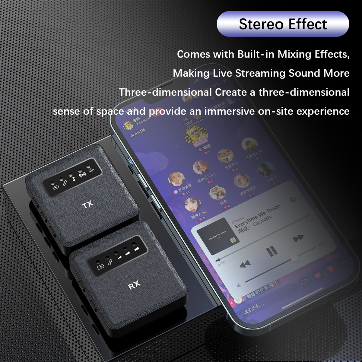 Zwei kleine schwarze Audio-Sender und ein Telefon, das Musik abspielt.