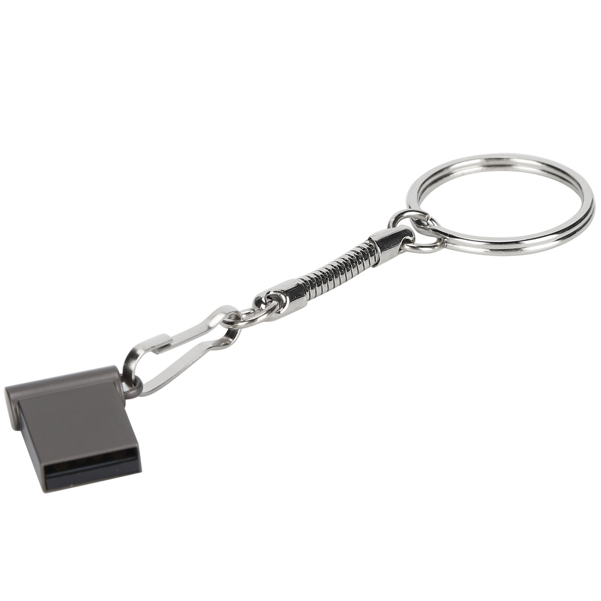 Schlüsselanhänger mit USB-Stick. Weißer Hintergrund.