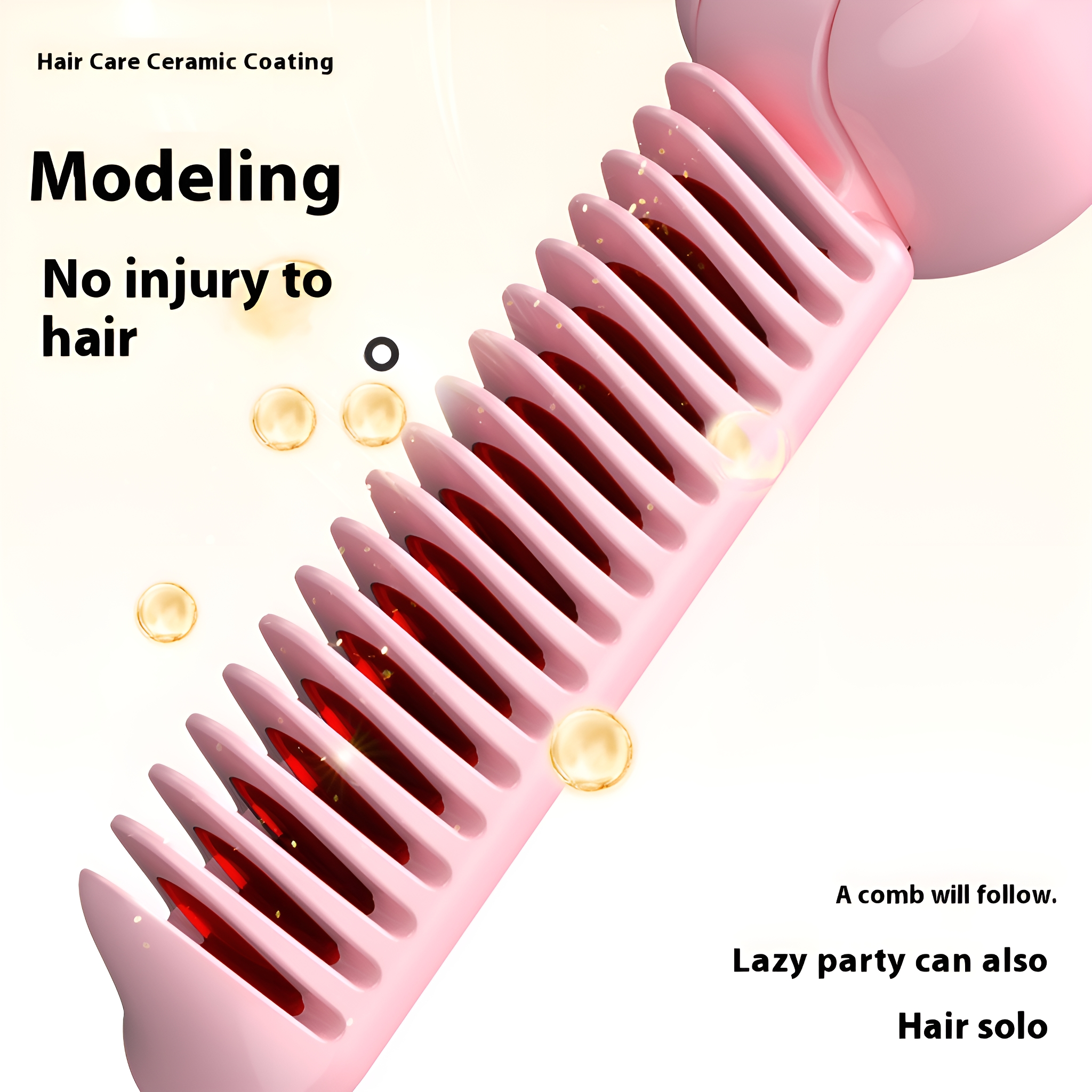 Ein rosa Kamm mit Text über keine Haarschäden, Modellierung und Haarstyling.