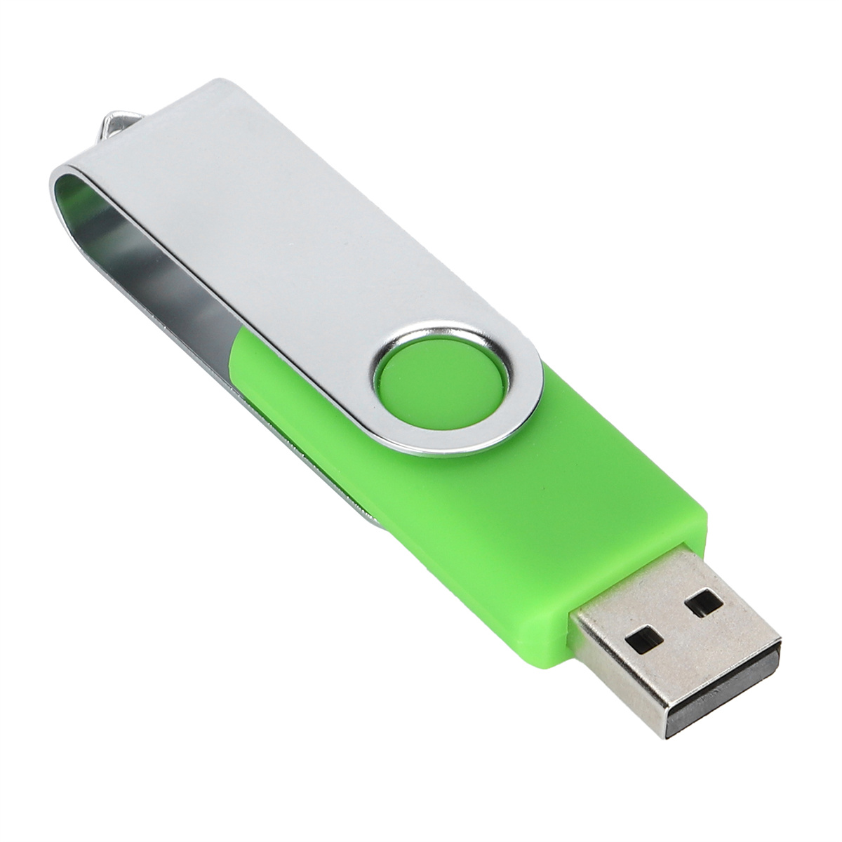 Grüner und silberner USB-Stick auf weißem Hintergrund.