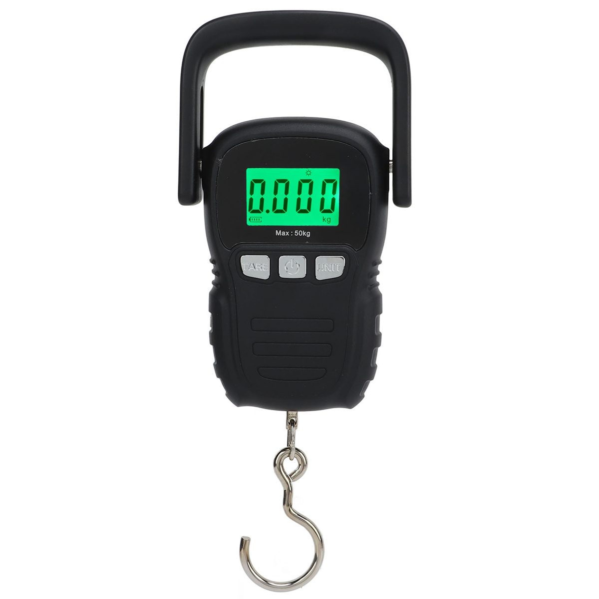 Schwarze digitale Hängewaage mit Haken, zeigt 0,000 kg an. Hat einen Griff und Knöpfe.