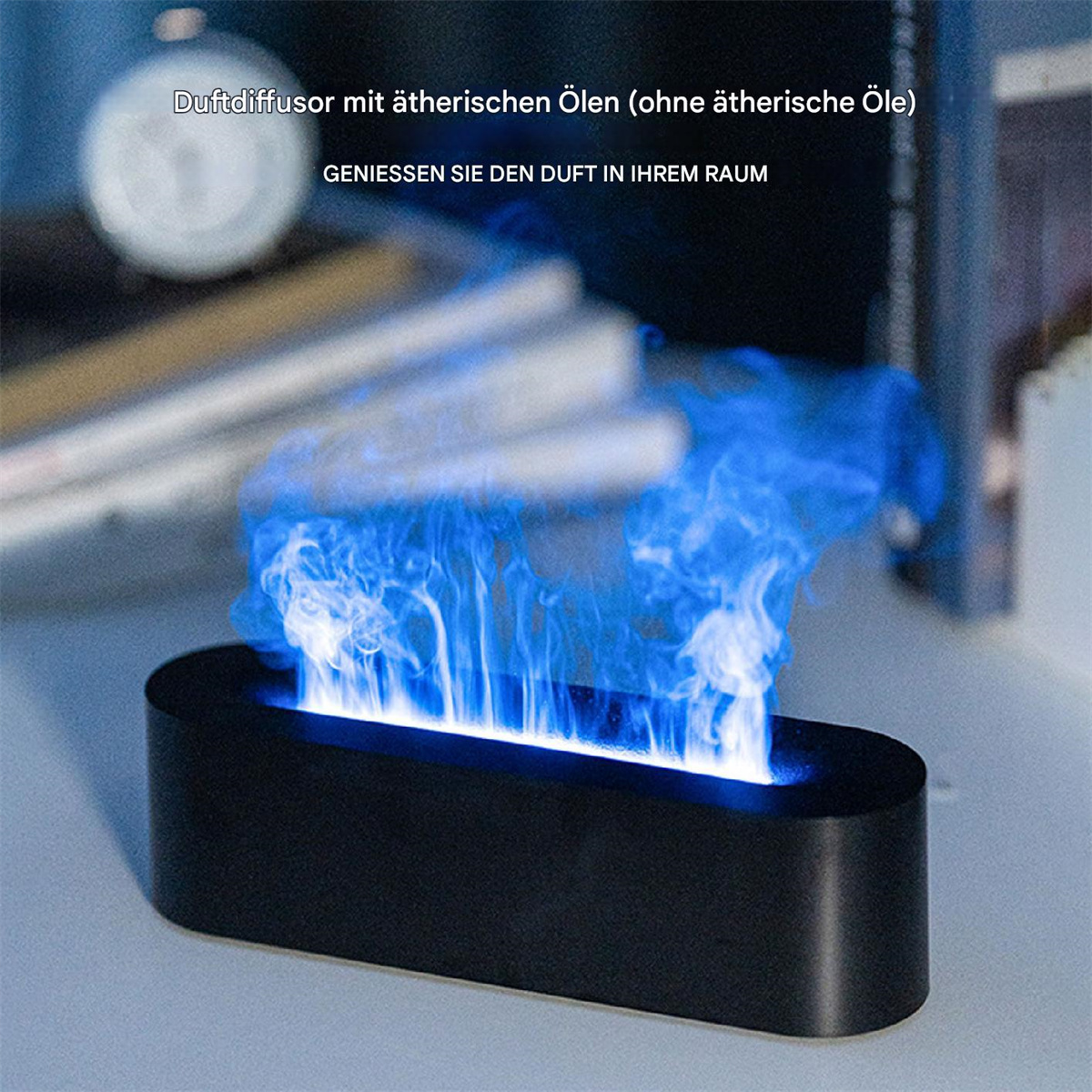 Schwarzer Diffusor mit blauen Flammen. Text: 'Diffusor mit ätherischen Ölen'. Blaues Licht.