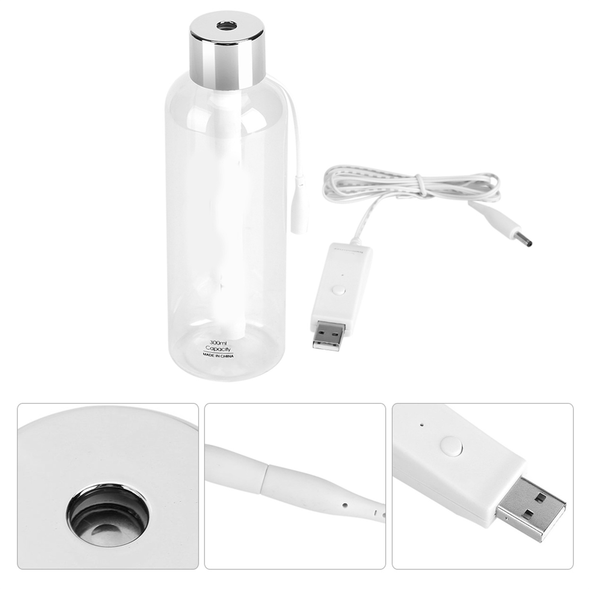 Klare Flasche, weißes Kabel und USB-Adapter. Weißer Hintergrund.