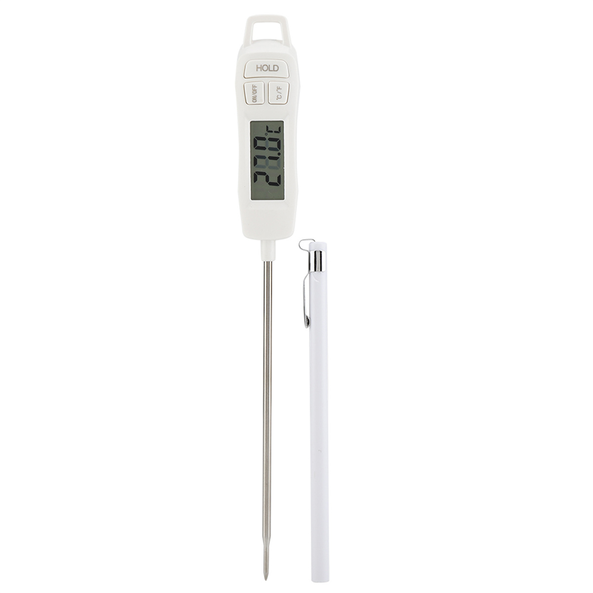 Digitales Lebensmittelt hermometer, weiß mit silberner Sonde. Es zeigt 20.00 an. Eine weiße Kappe daneben.