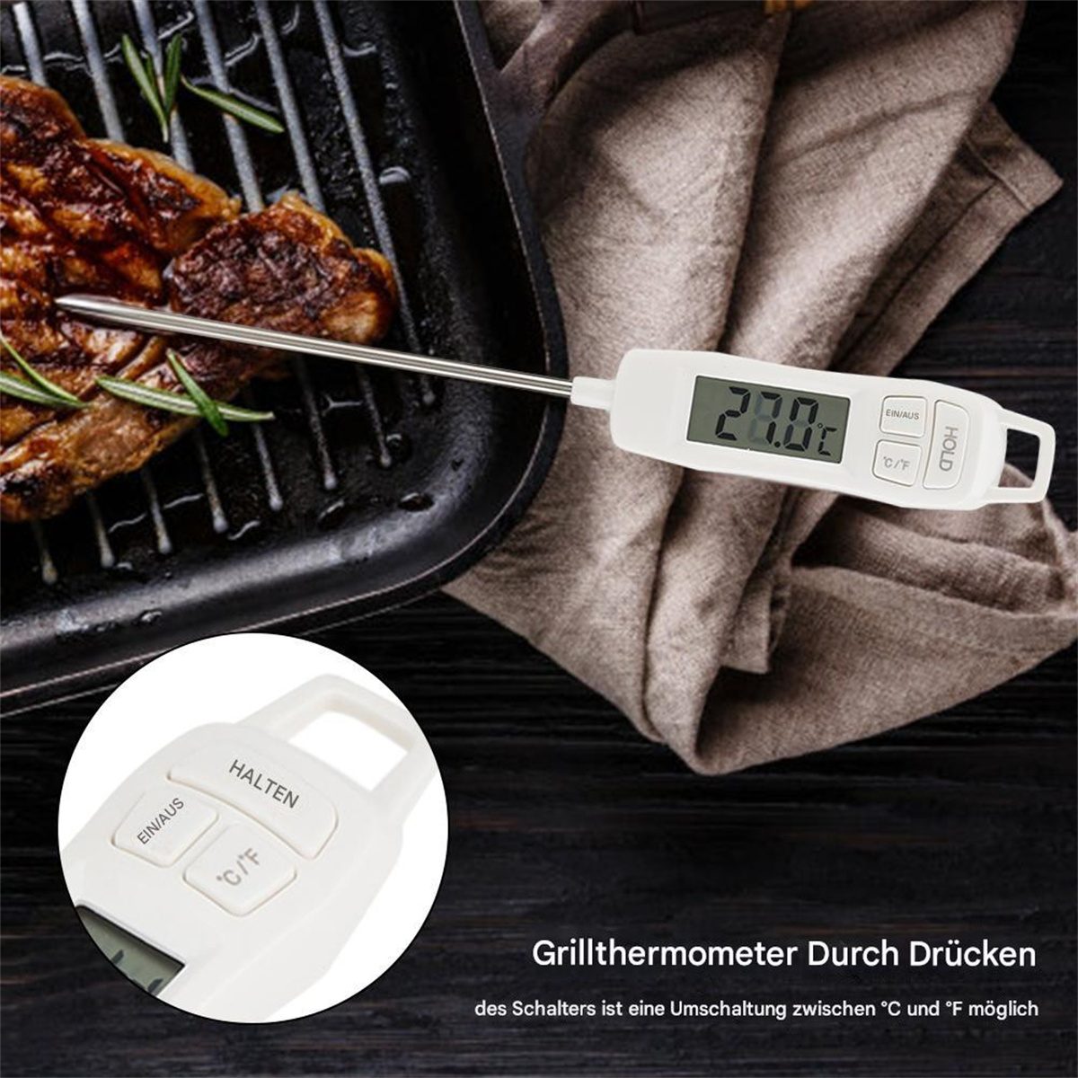 Ein weißes Lebensmittelthermometer misst die Temperatur von Fleisch auf einem Grill. Die Anzeige zeigt 27,0°C.