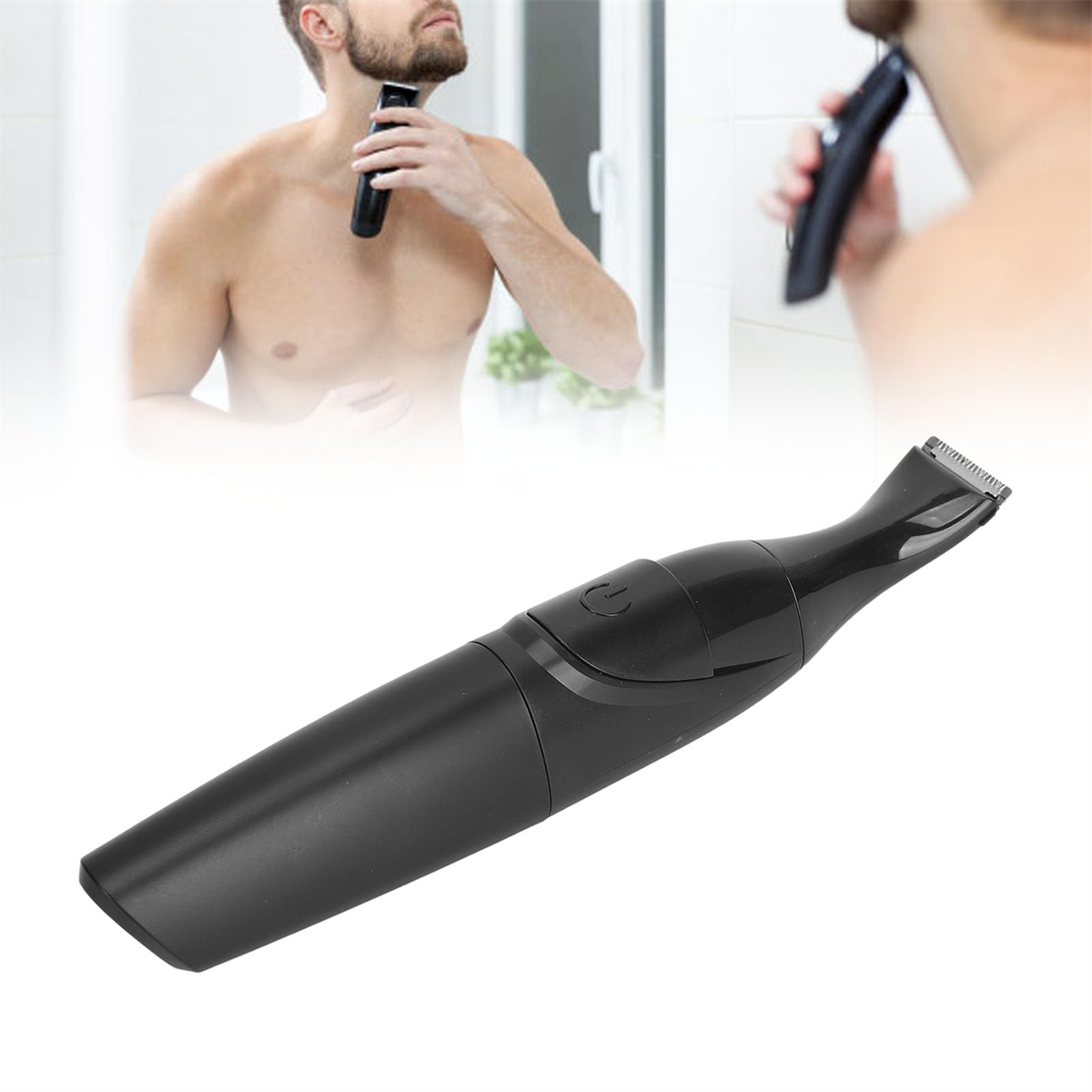 Mann rasiert sich mit einem schwarzen Trimmer. Spiegelungen von Mann und Trimmer sind ebenfalls sichtbar.