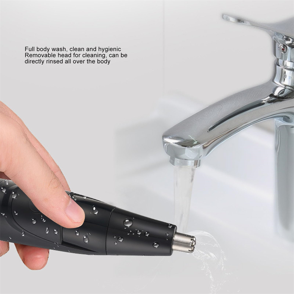 Hand hält schwarzen Nasenhaartrimmer, Wasser aus Wasserhahn, weißes Waschbecken. Text im Bild.