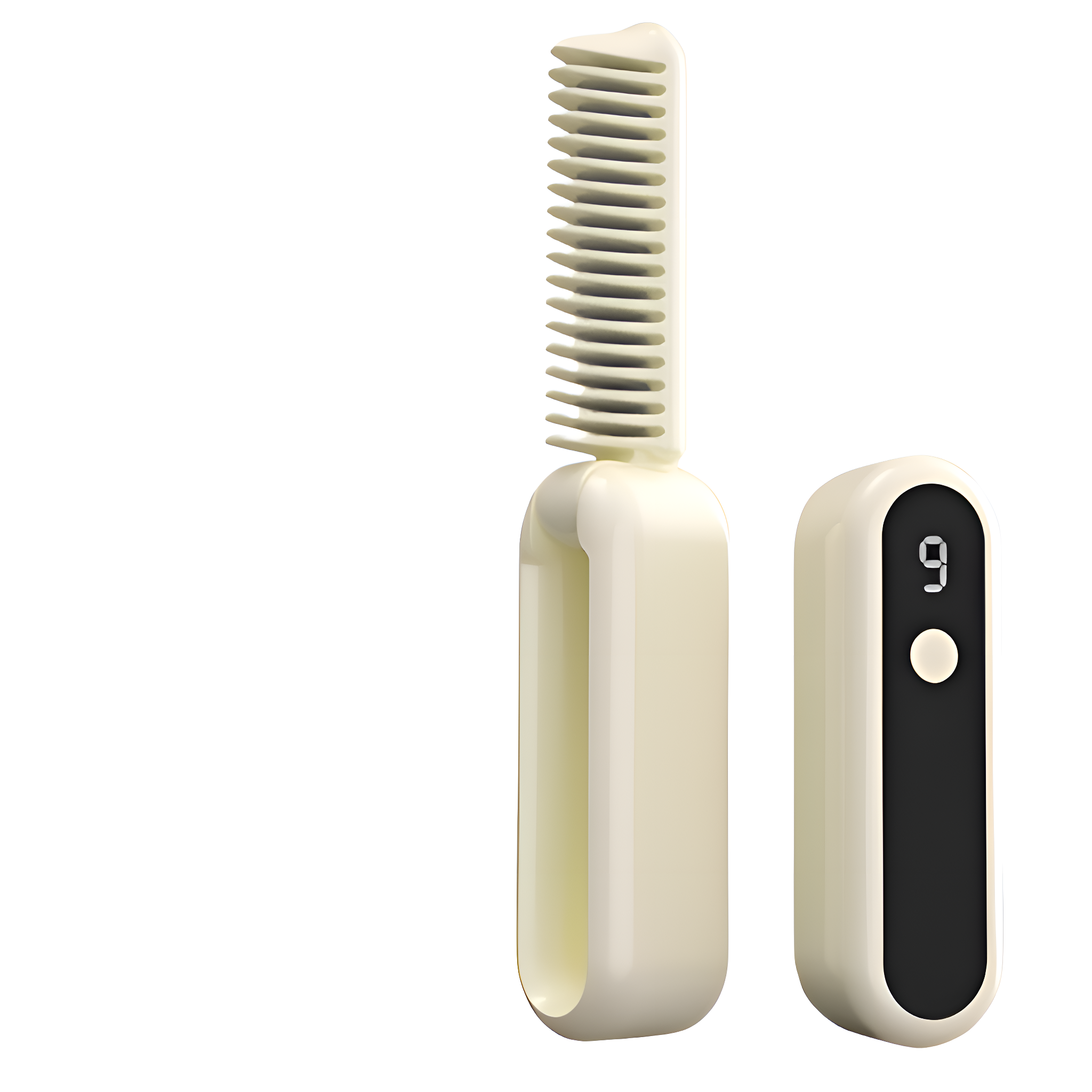 Cremefarbene Wimpernzange und ein separates Gerät mit Digitalanzeige und Knopf auf weißem Hintergrund.