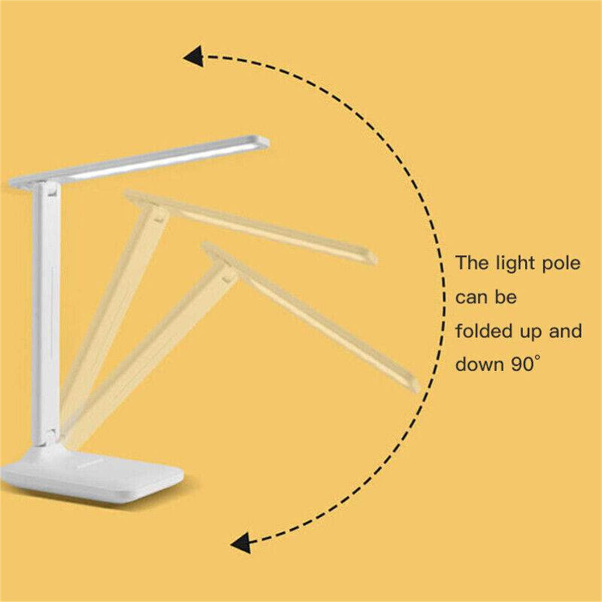Weiße Schreibtischlampe mit verstellbarem Arm. Der Arm kann um 90 Grad hoch- und runtergeklappt werden. Gelber Hintergrund.
