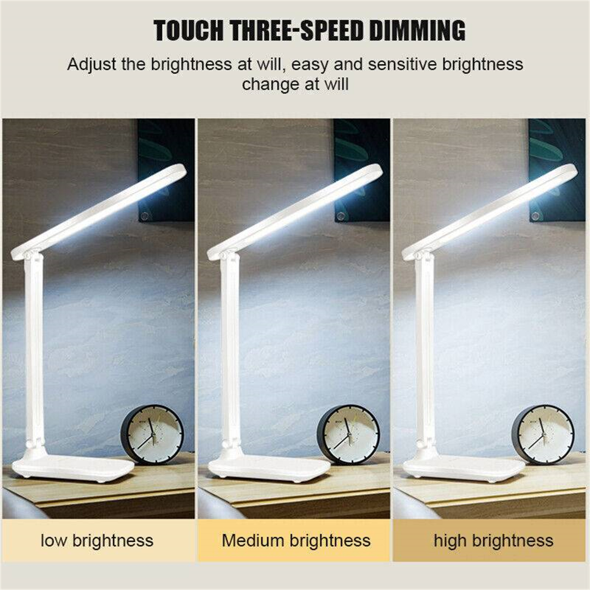Drei Lampen mit einstellbaren Helligkeitseinstellungen: niedrig, mittel und hoch.
