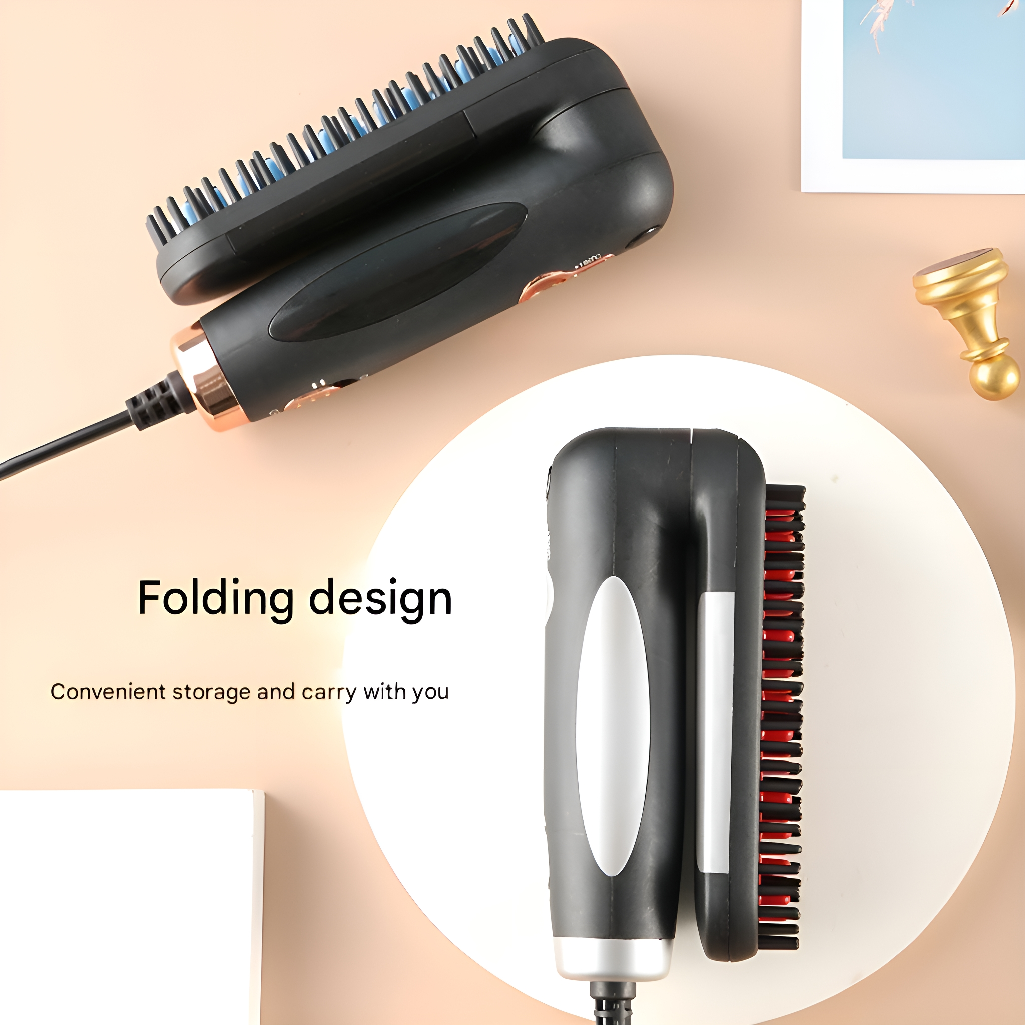 Schwarzer und goldener Haarglätter, gefaltet, mit Text 'Faltbares Design'. Beiger Hintergrund.
