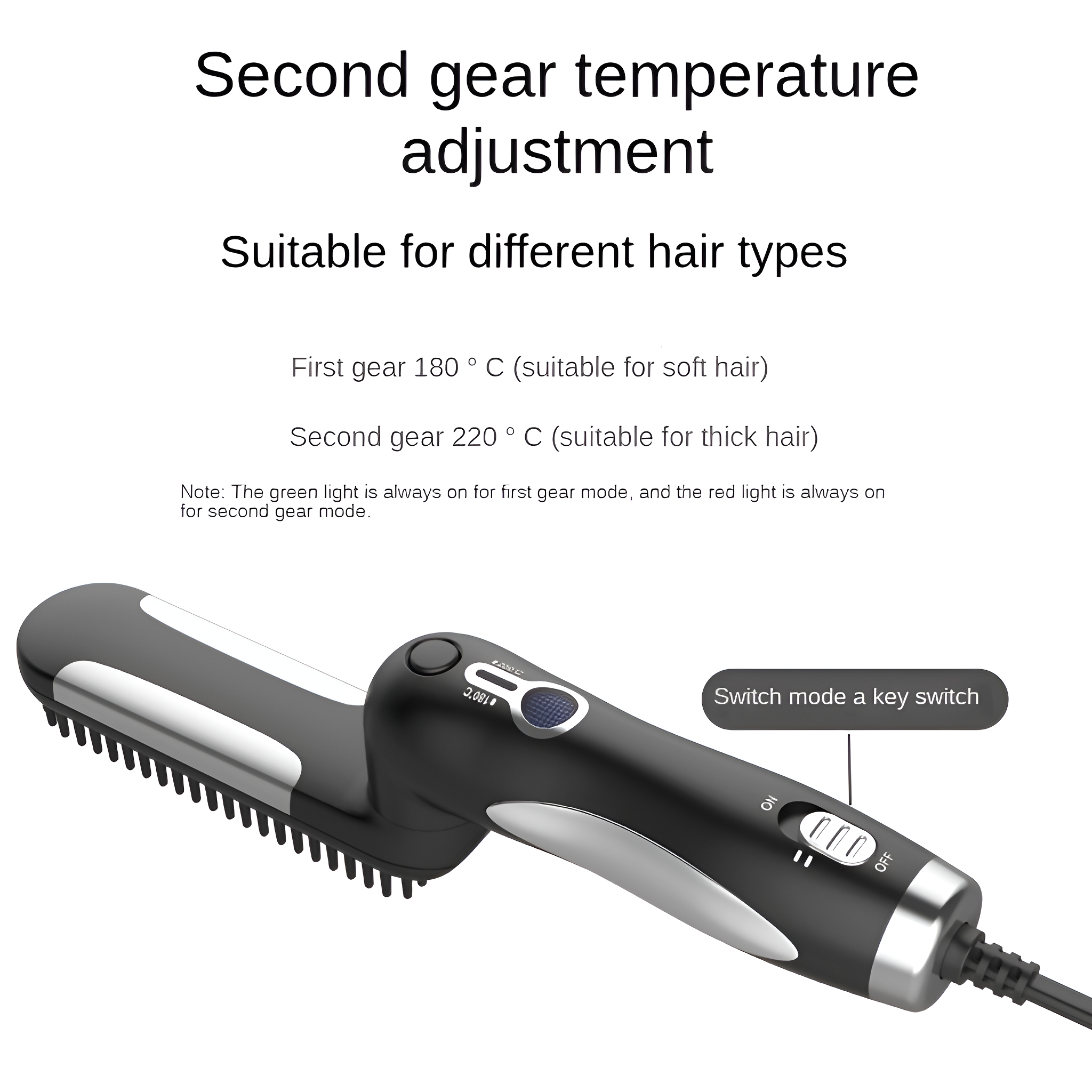 Haarstyling-Kamm mit Temperatureinstellungen, zeigt Ein/Aus-Schalter und Temperaturregelung.