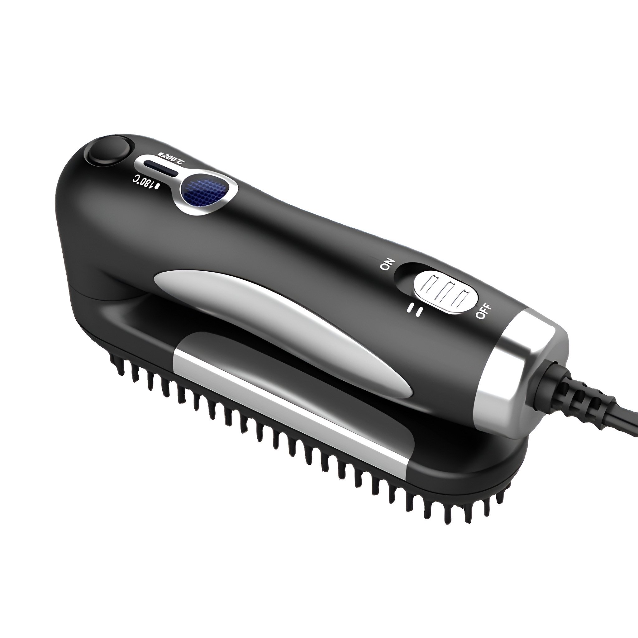 Ein schwarzer Haarglätter mit silberner Basis und langem Kabel, auf weißem Hintergrund.