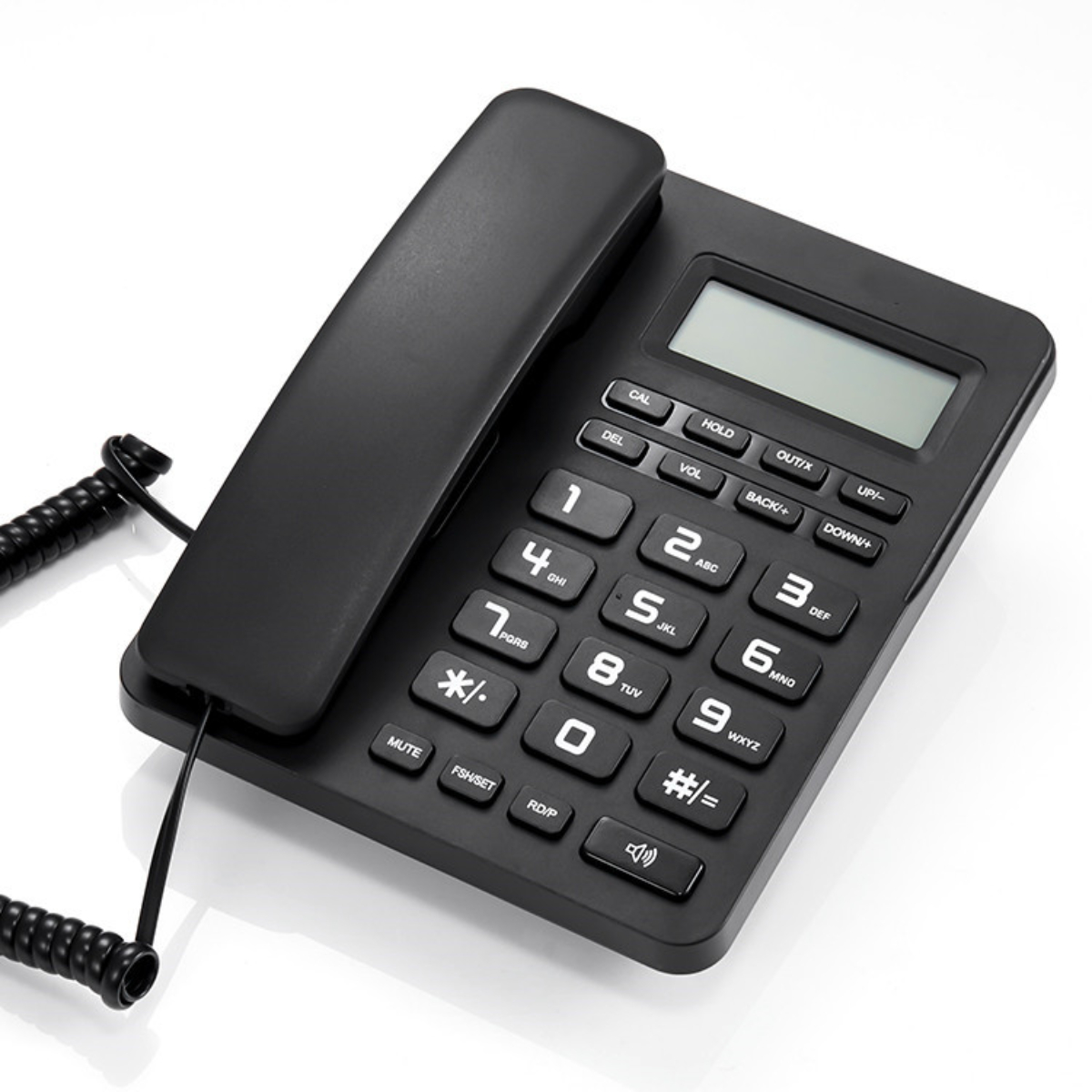 Ein schwarzes Festnetztelefon mit Tasten und einem Bildschirm.