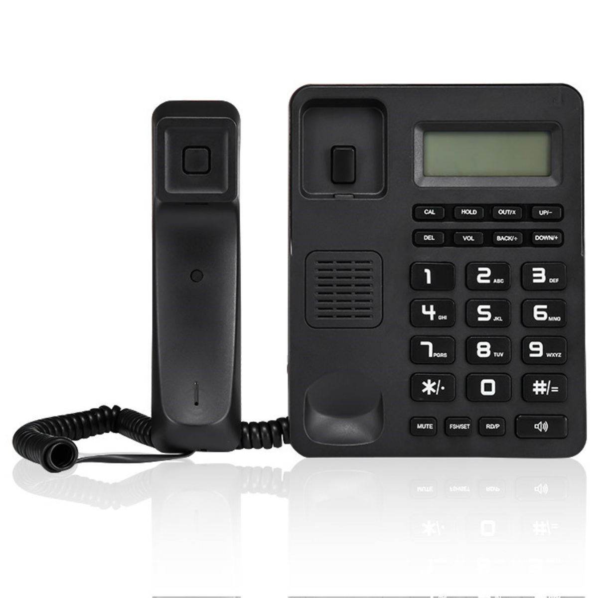 Schwarzes Festnetztelefon mit abgenommenem Hörer. Weißer Hintergrund.