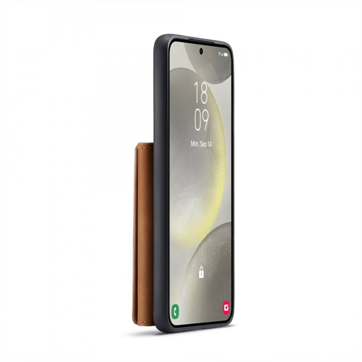 Schwarzes Smartphone in Hülle mit braunem Kartenhalter.